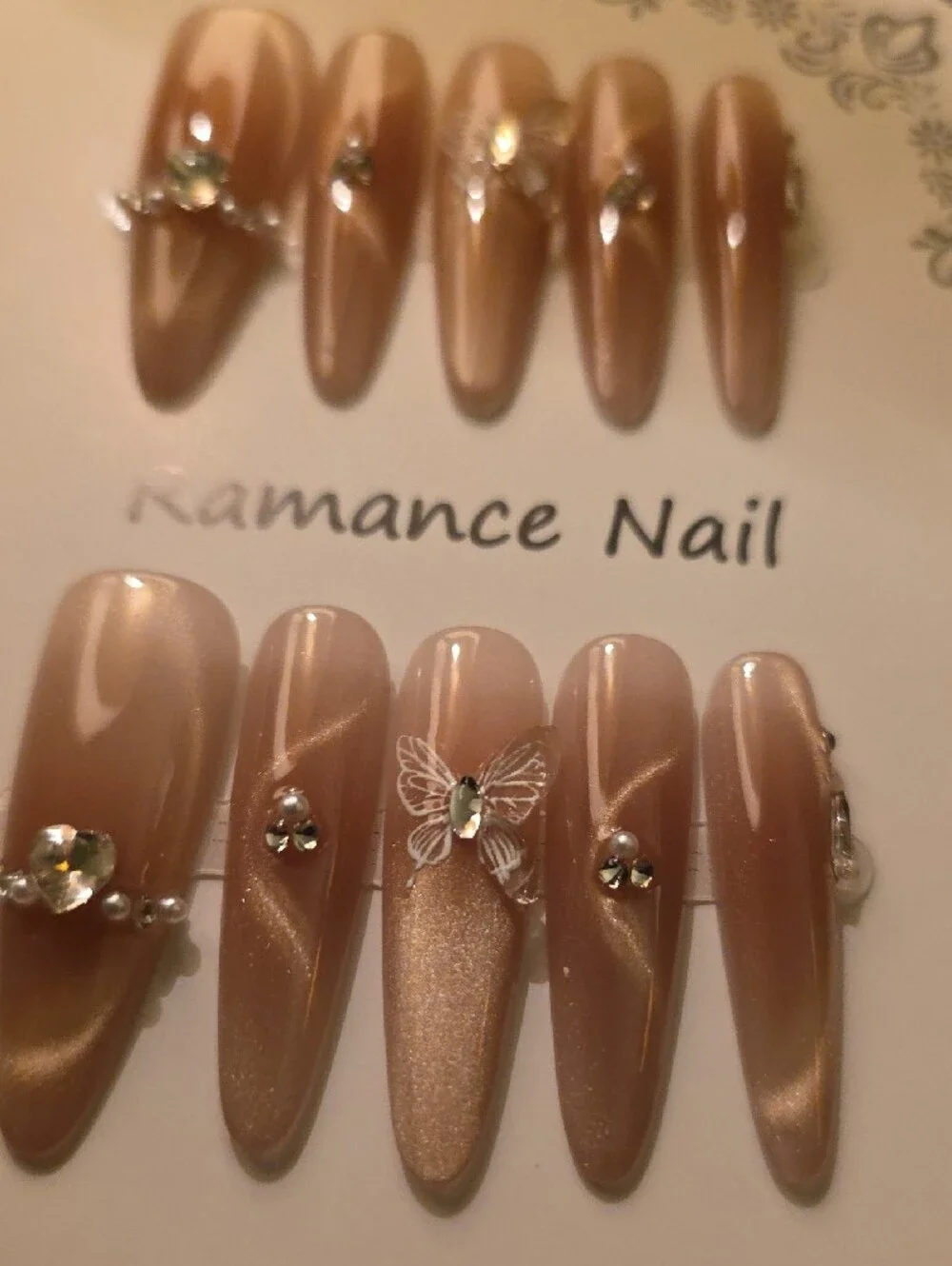 Women's Nude Pink Press-On Nail Set with Butterfly Accent Size Large
